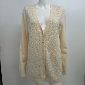 Talbots Cardigan Women’s L Cream Lambswool Rabbit Hair Angora Sequin Button Up